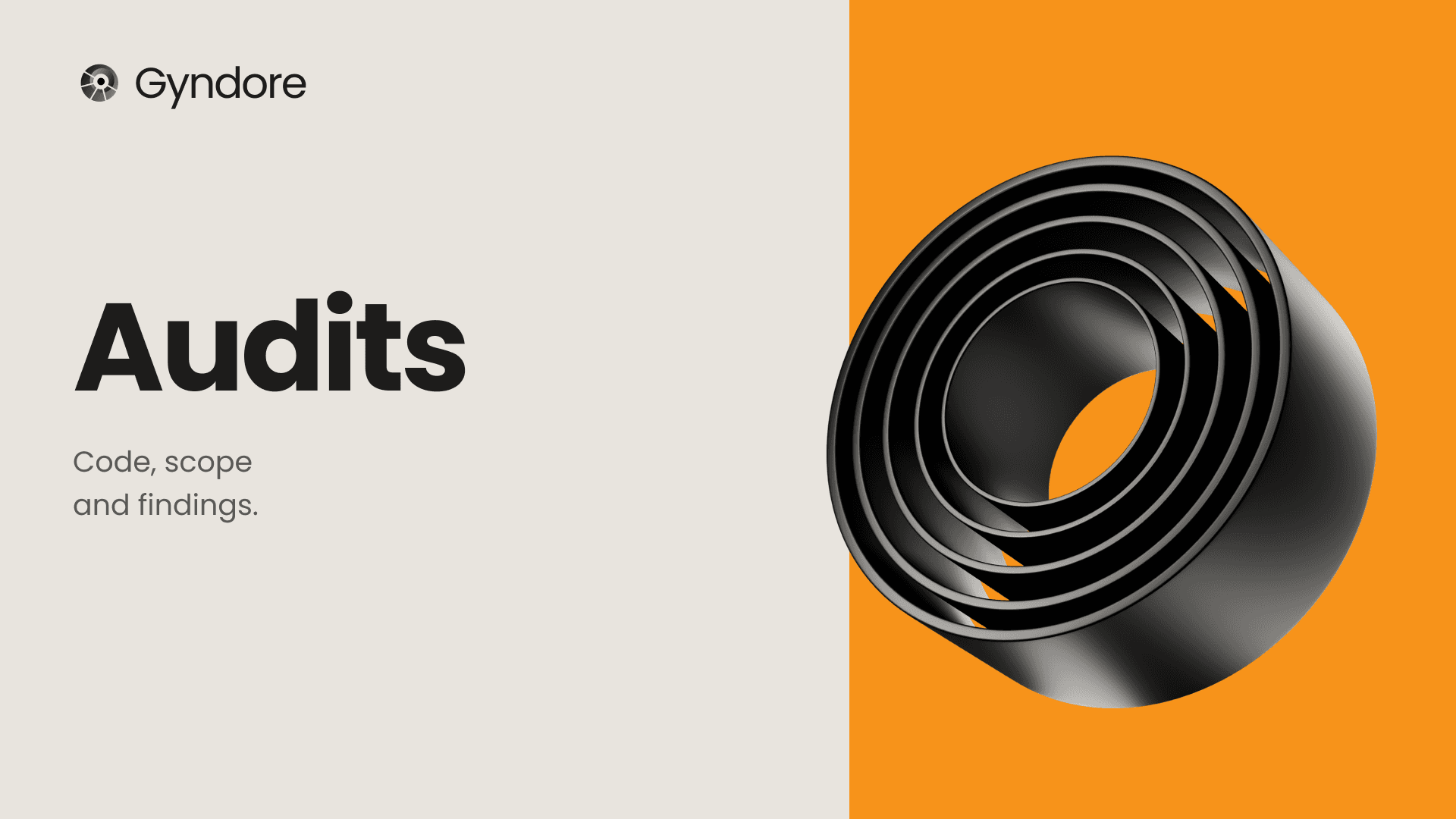 Audits: code, scope and findings, with sculptural metal rings across beige and orange panels