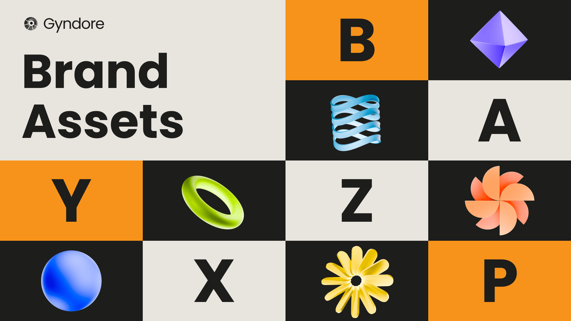 Brand Assets: a beige, orange, and charcoal grid of bold letterforms and Gyndore sculptures