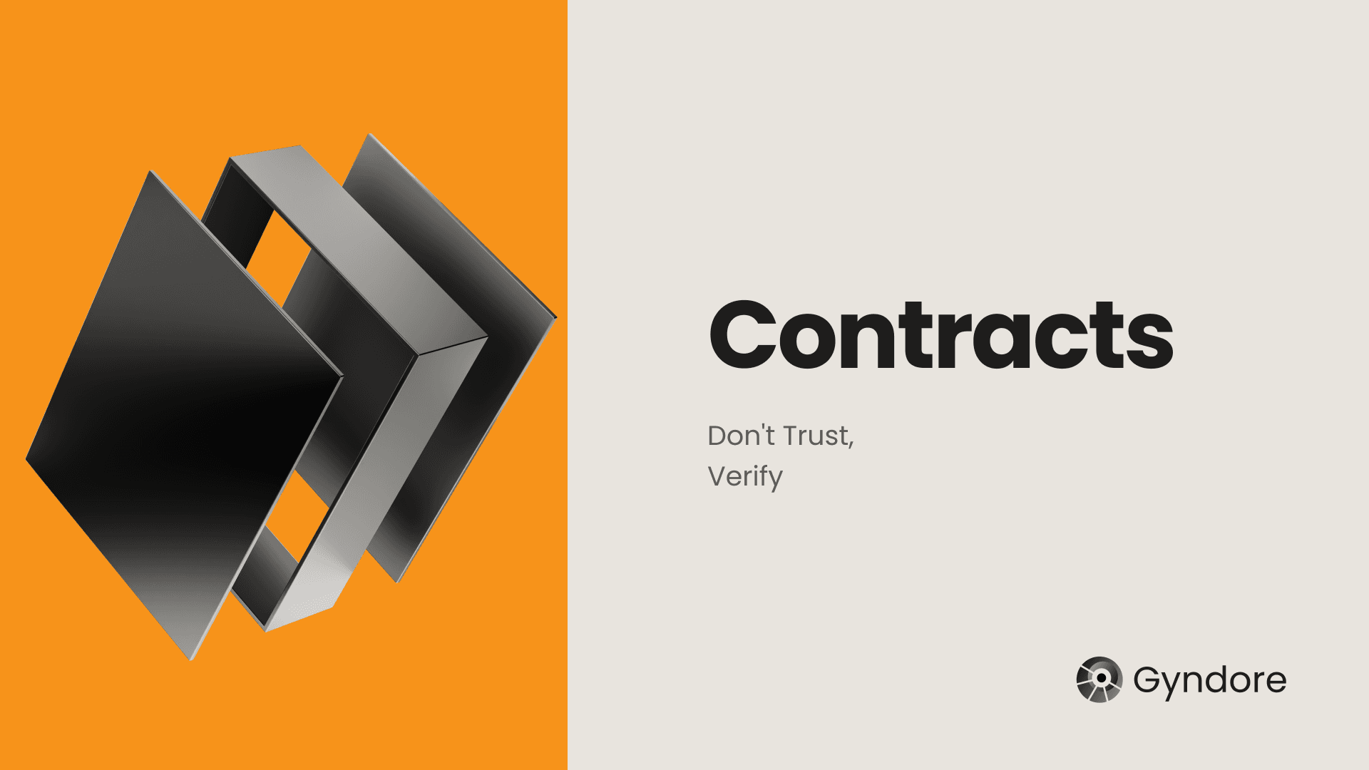Contracts: Don't Trust, Verify, with a layered metal sculpture across orange and beige panels