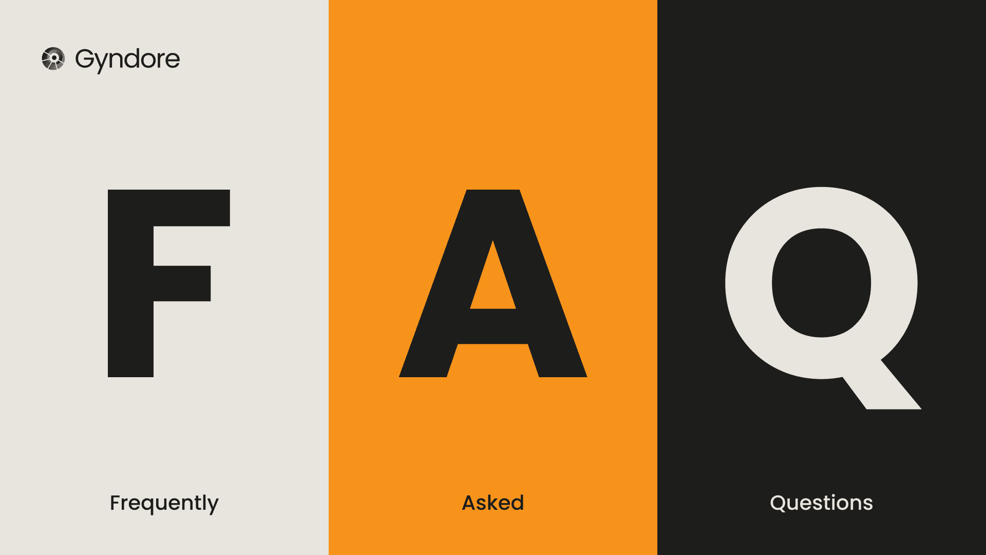 Frequently Asked Questions: F, A, and Q across beige, orange, and charcoal panels with the Gyndore logo