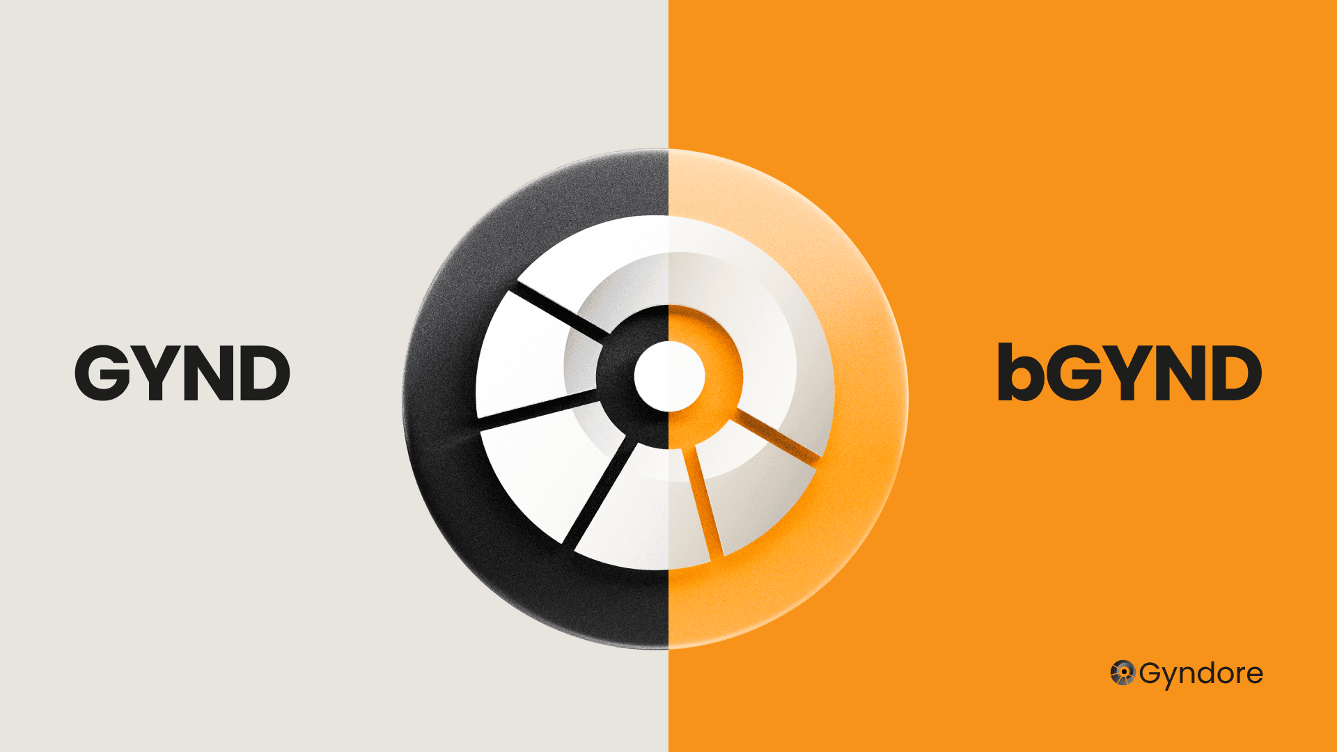 GYND and bGYND shown as two halves of one token across a beige and orange vertical split