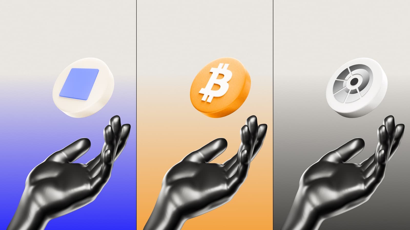 Hands holding Base, Bitcoin, and Gyndore tokens