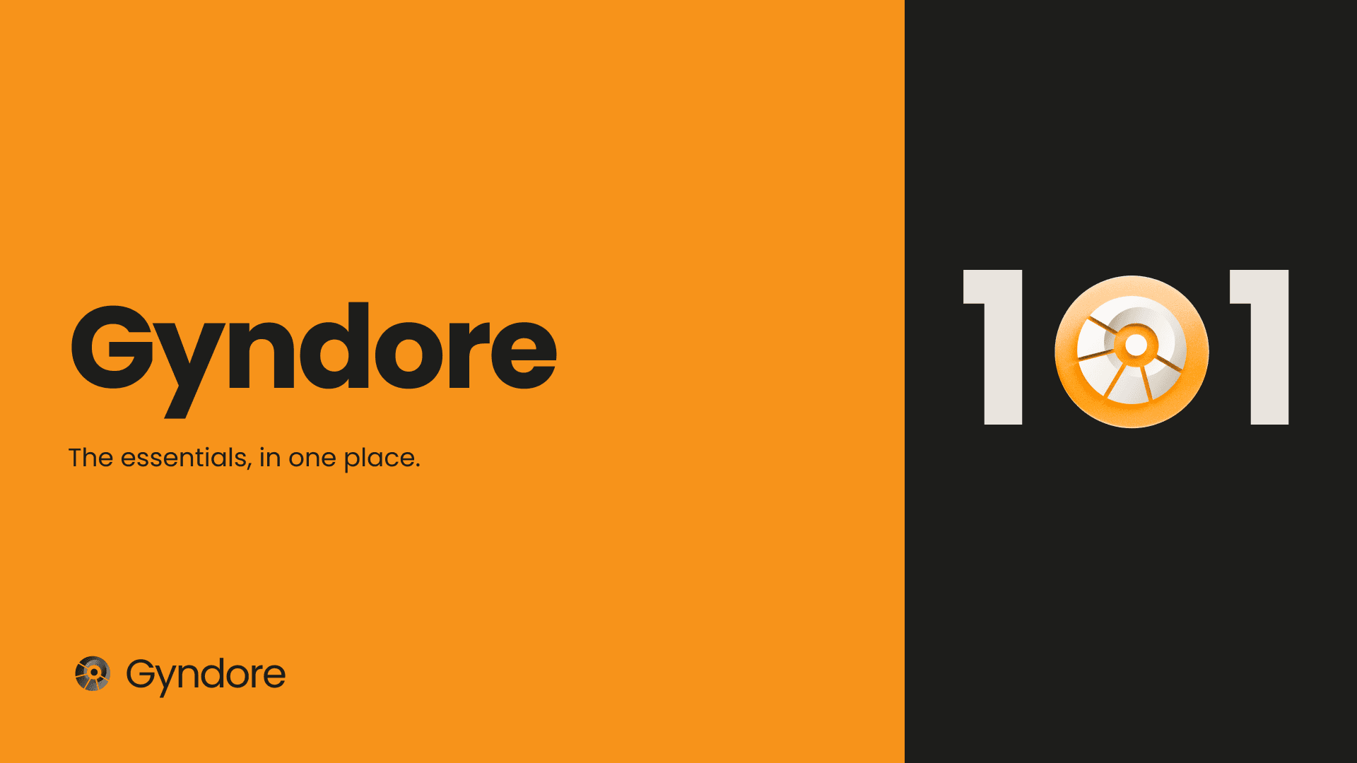 Gyndore 101: the essentials in one place, with an orange and charcoal split and a Gyndore token forming the zero